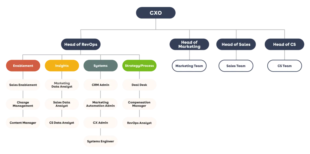 Org chart with CXO at the top, overseeing RevOps, Marketing, Sales, and CS